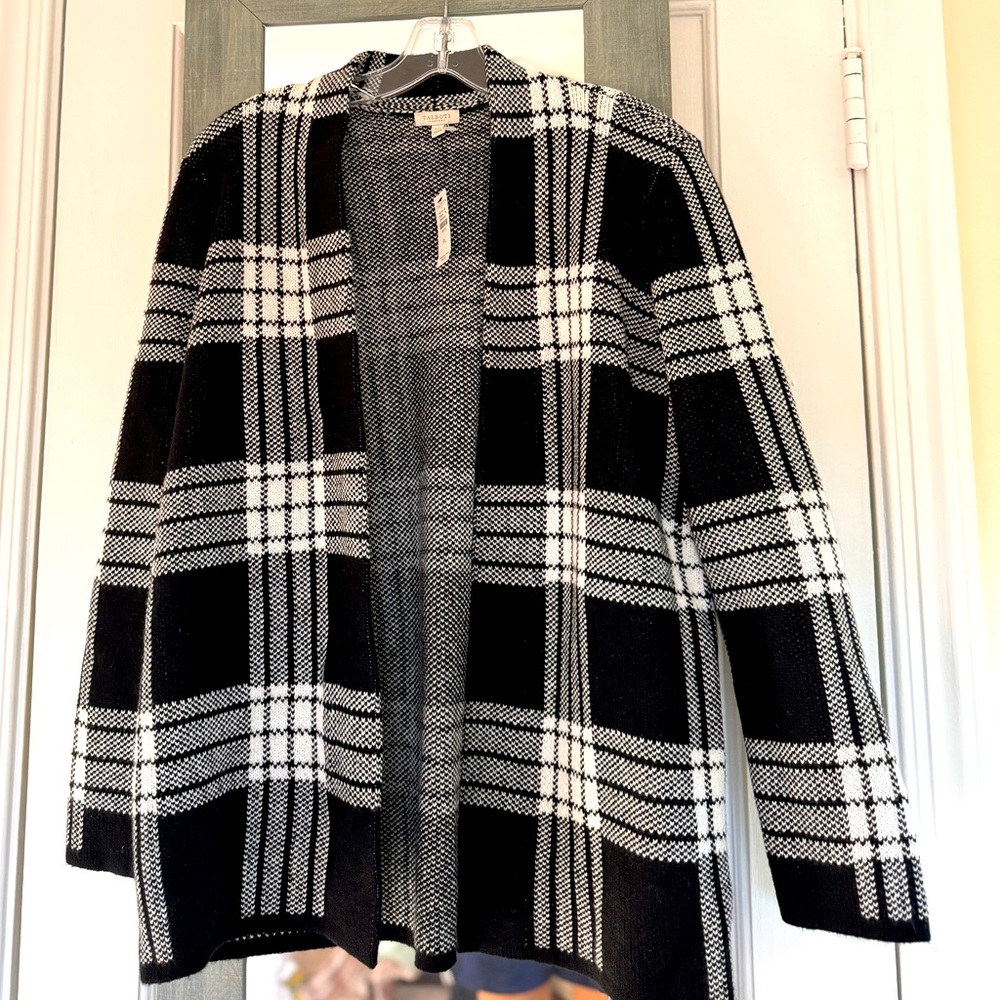 Talbots Black& White Plaid Open Front Cardigan